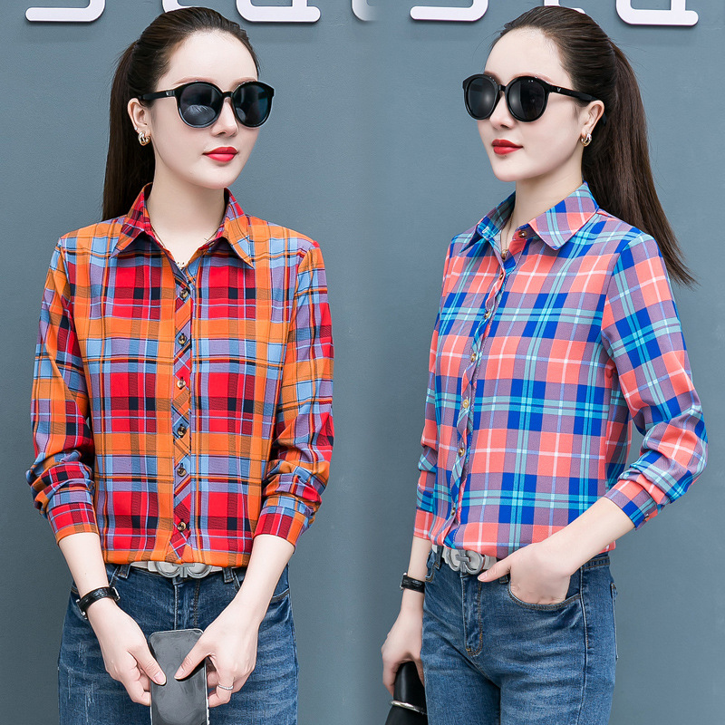 秋款格子衬衫女2021新款衬衣韩版百搭女上衣宽松复古港味长袖防晒