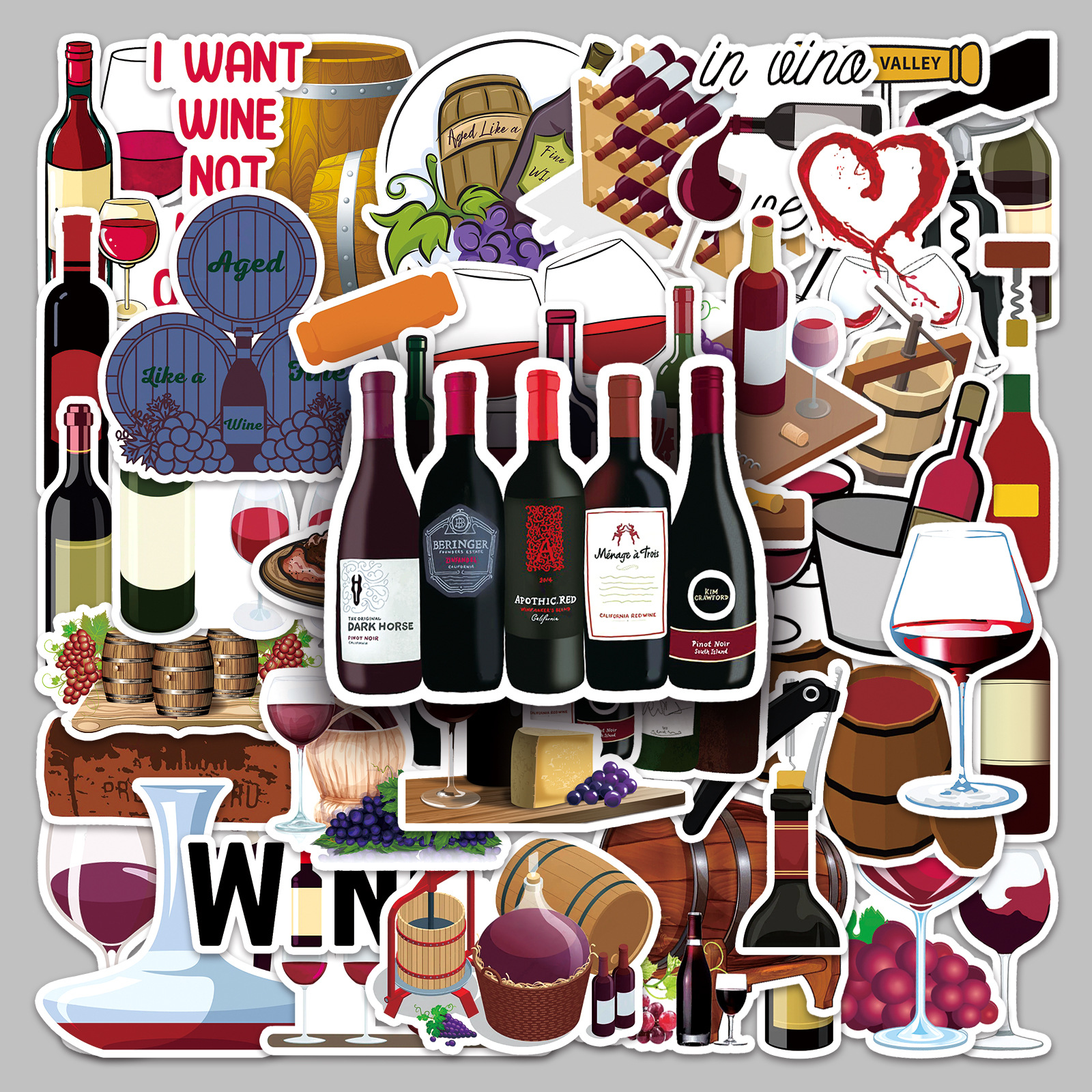 50张红酒葡萄酒卡通涂鸦酒吧墙壁防水装饰跨境行李箱水杯手账贴纸