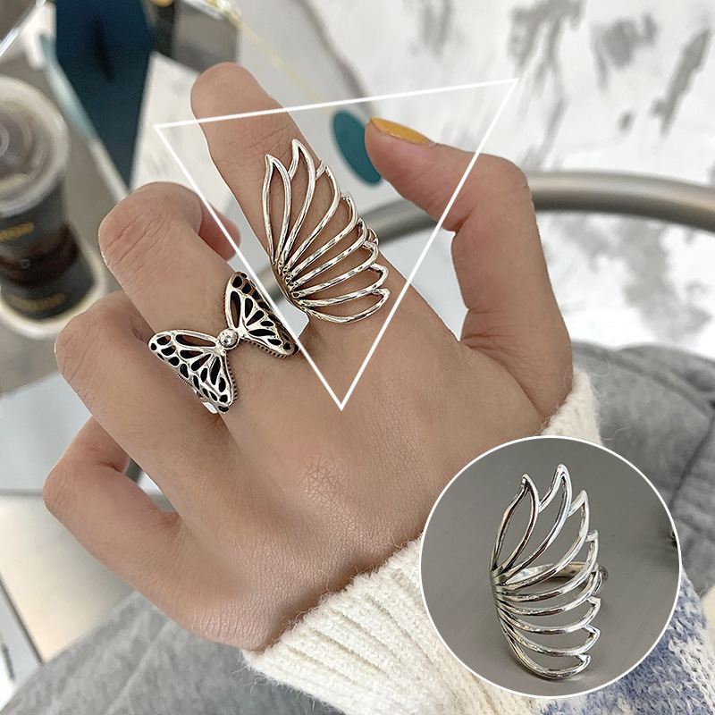 Retro Personalized Feather Ring Female European and American Exaggerated Ginkgo Leaf Ring Korean Internet Celebrity S925 Silver Index Finger Ring Fashion