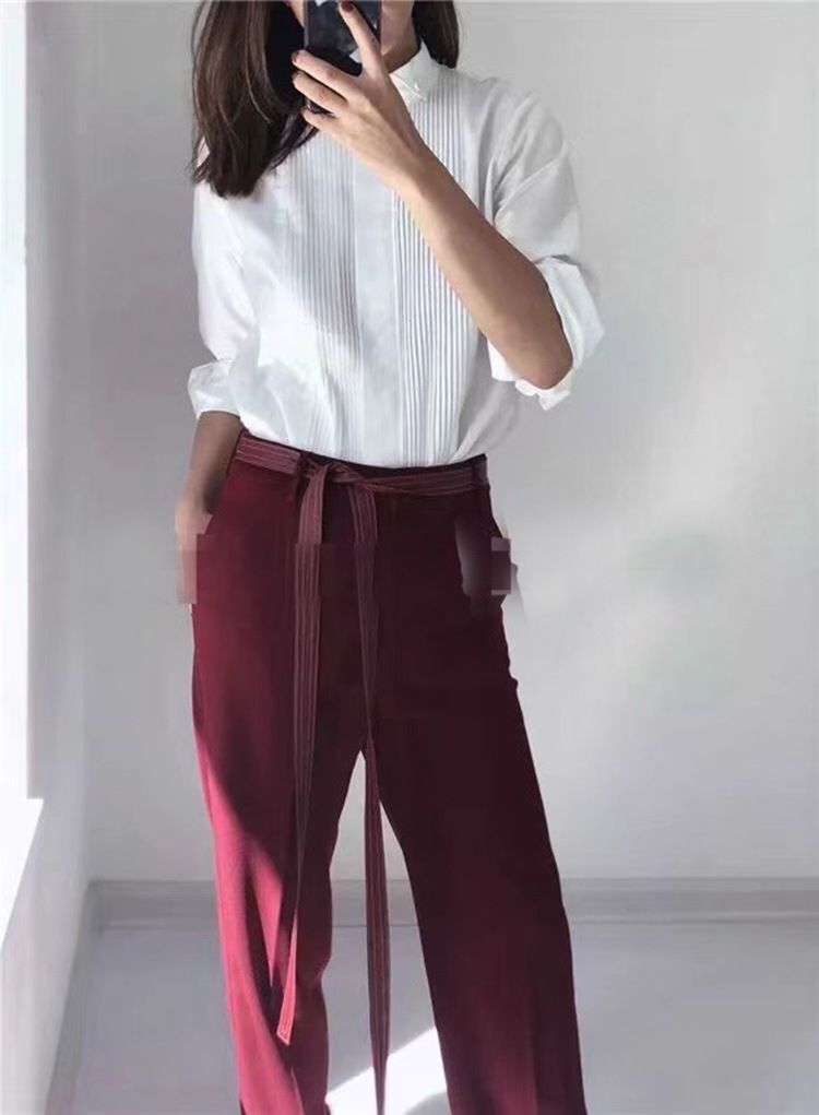 意大利高支双股比马棉 塔克褶风琴褶裥长袖白衬衫女