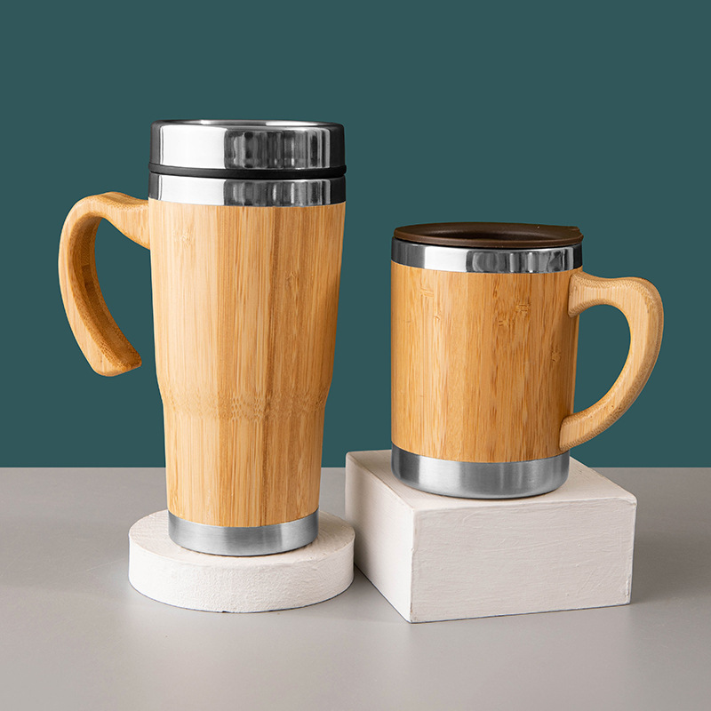 New Creative Bamboo Shell Coffee Cup with Handle 304 Stainless Steel Vacuum Cup Casual Business Give as Gifts Cup