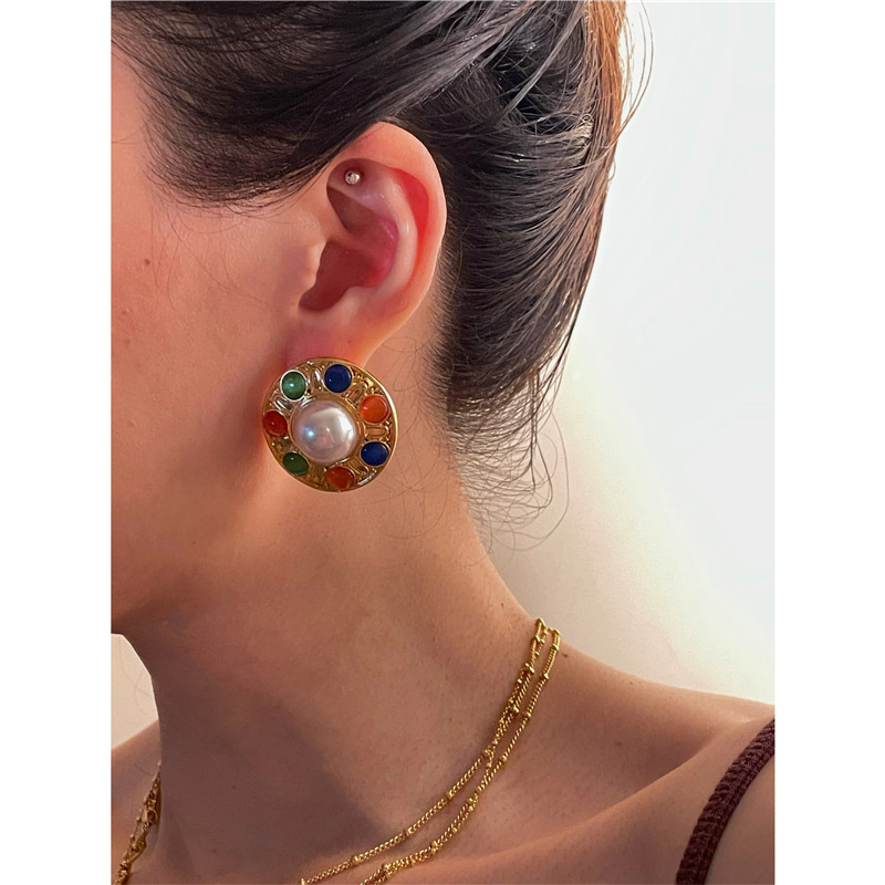 自留古董风70年代气质中古彩宝珍珠大圆型耳环夸张-阿里巴巴
