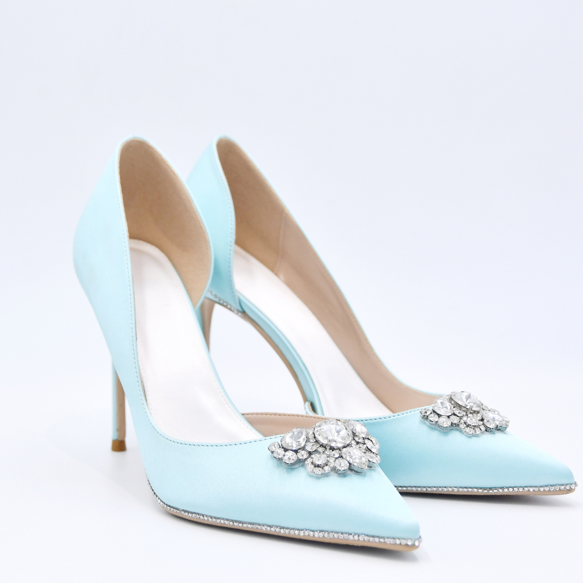 优拉潘 蓝色缎面尖头细跟镶钻新娘高跟鞋 婚鞋宴会婚礼a08