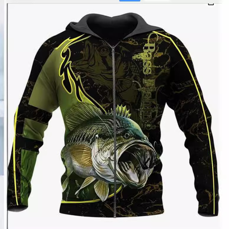 龙龙 2024年春季新款开衫3D野生鱼数码印花男式潮流街头拉链卫衣