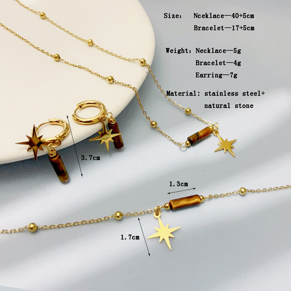 High-Grade Natural Tigereye Eight Awn Star Necklace Earring Bracelet Suit Titanium Steel 18K Romantic Fashion Ornament