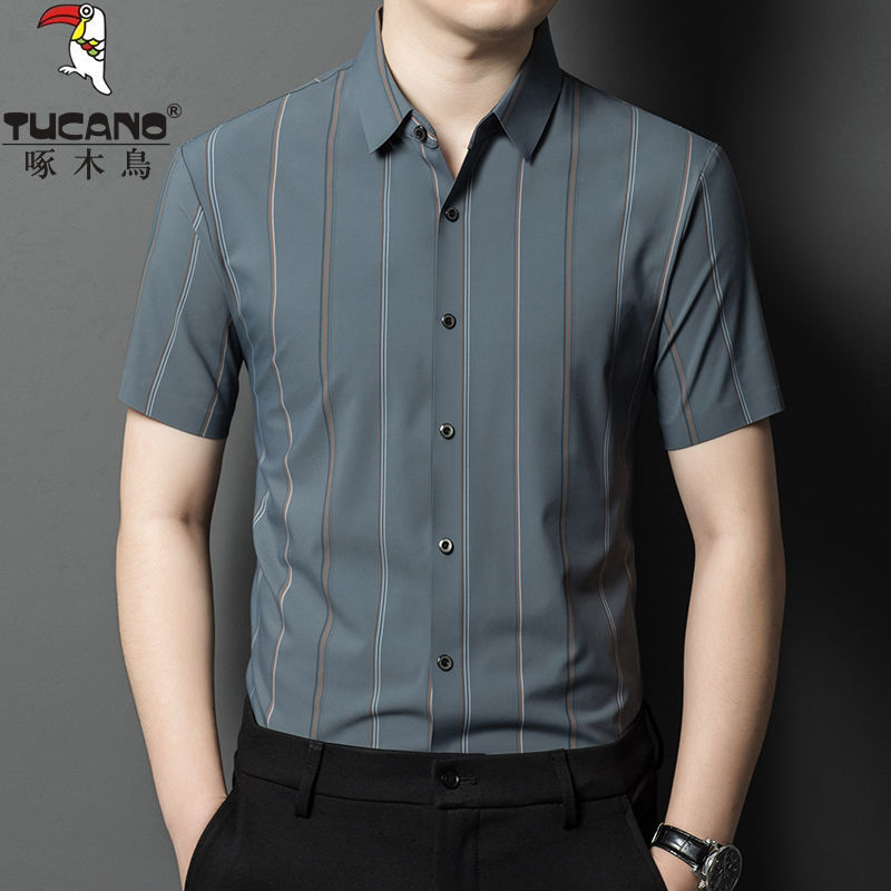 啄木鸟夏季男士短袖衬衫高档修身商务休闲百搭中青年免烫条纹衬衣