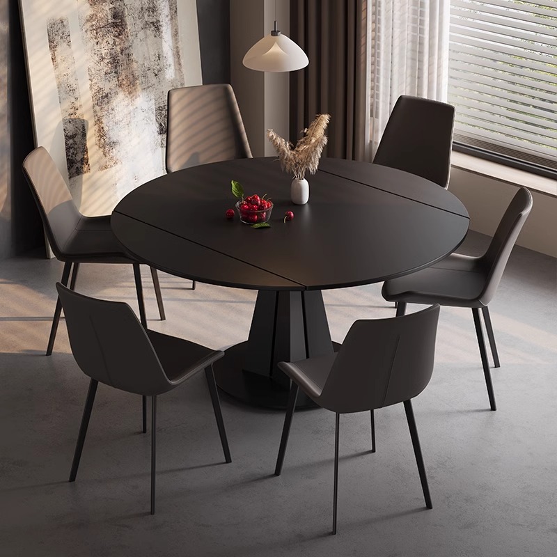 意式轻奢岩板餐桌椅组合旋转折叠饭桌可伸缩变圆桌多功能两用