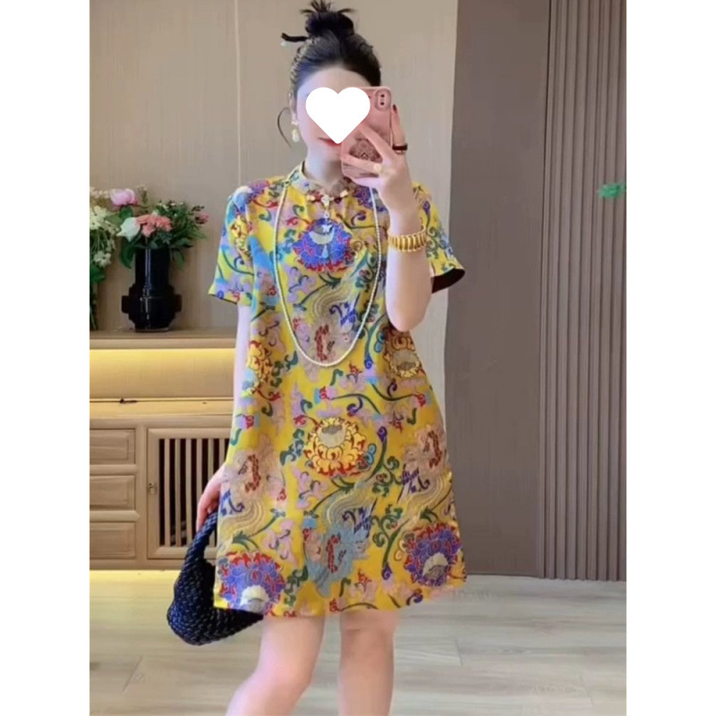国风气质感旗袍裙女年夏季新款印花立领盘扣短袖高腰连衣裙潮