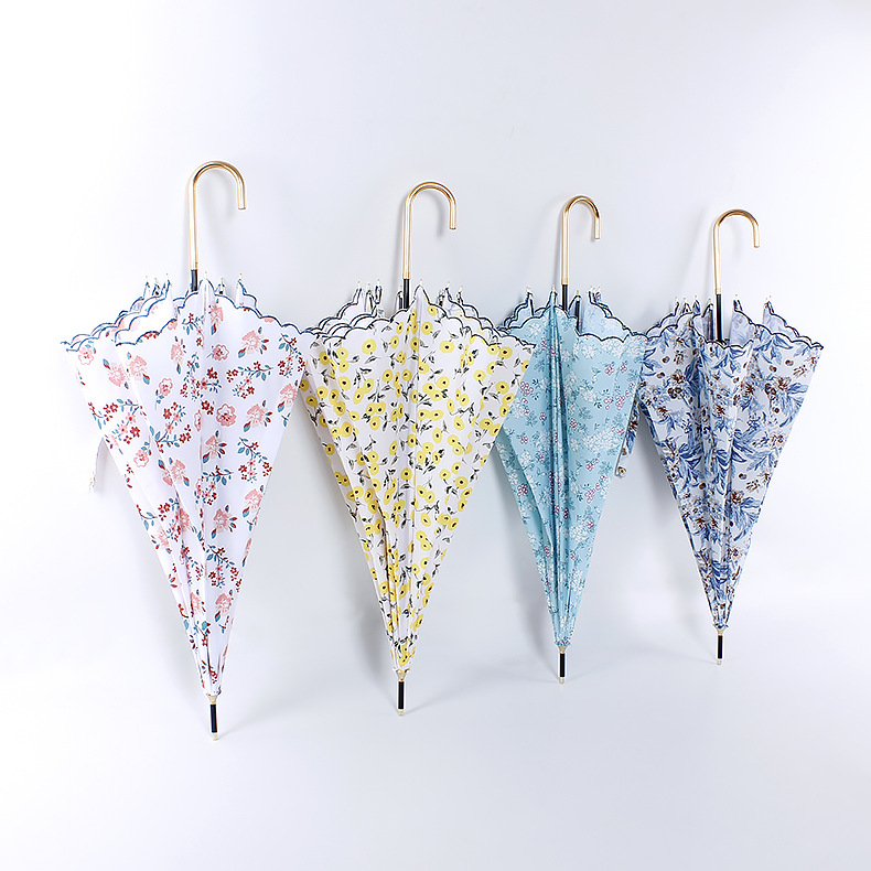 Long Umbrella Floral Umbrella Gold Handle Linglan Fragrant Snow Curved Handle Straight Rod Digital Printing Embroidery Sunshade Umbrella Dual-Use