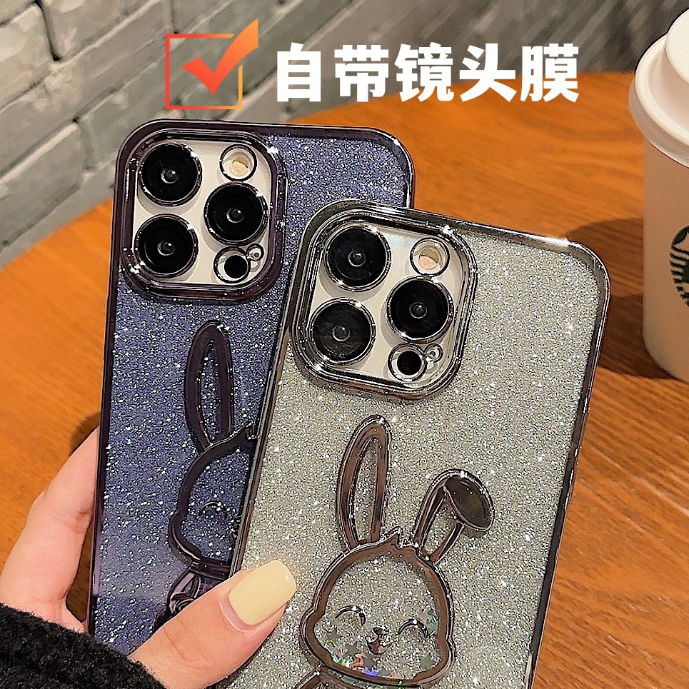 Suitable for Apple 15 Phone Case Glitter Powder Quicksand Rabbit Iphone14pro Electroplated Lens Film TPU Cute Soft Shell