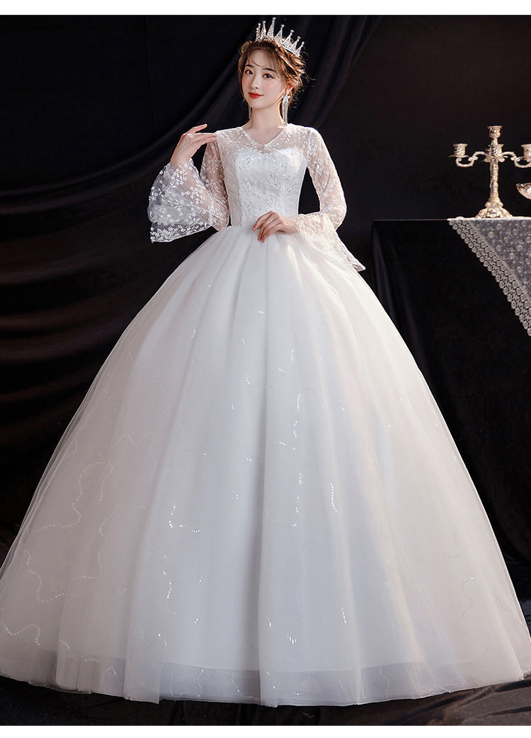 主婚纱礼服2021春夏韩版娘显瘦蕾丝森系简约齐地v领遮手臂结婚纱