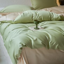 简约100支长绒棉纯色双拼四件套纯棉贡缎被套床单裸睡床上用品