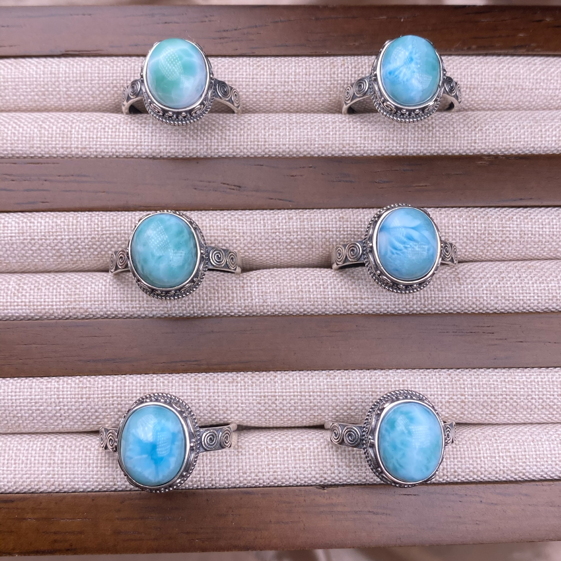 拉利玛海纹石戒指s925银镶嵌复古银尼泊尔风格做旧彩宝水晶手饰品