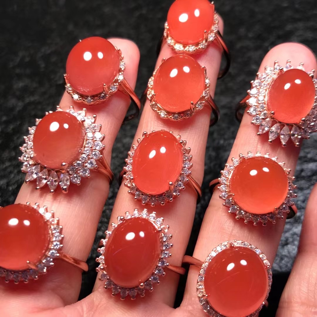 厂家批发原矿保山冰红南红玛瑙戒指 红润起荧光 925银时尚女戒