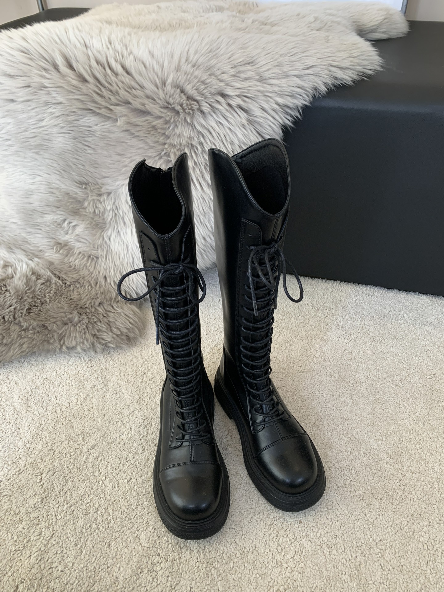 厚底黑色绑带长筒长靴子女鞋2023新款秋冬季中筒靴系带v口骑士靴