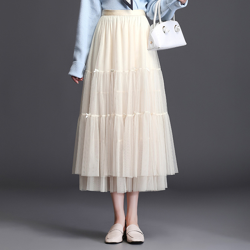网纱半身裙女秋季新款蛋糕裙a字裙百褶裙中长款拼接纱裙大摆长裙