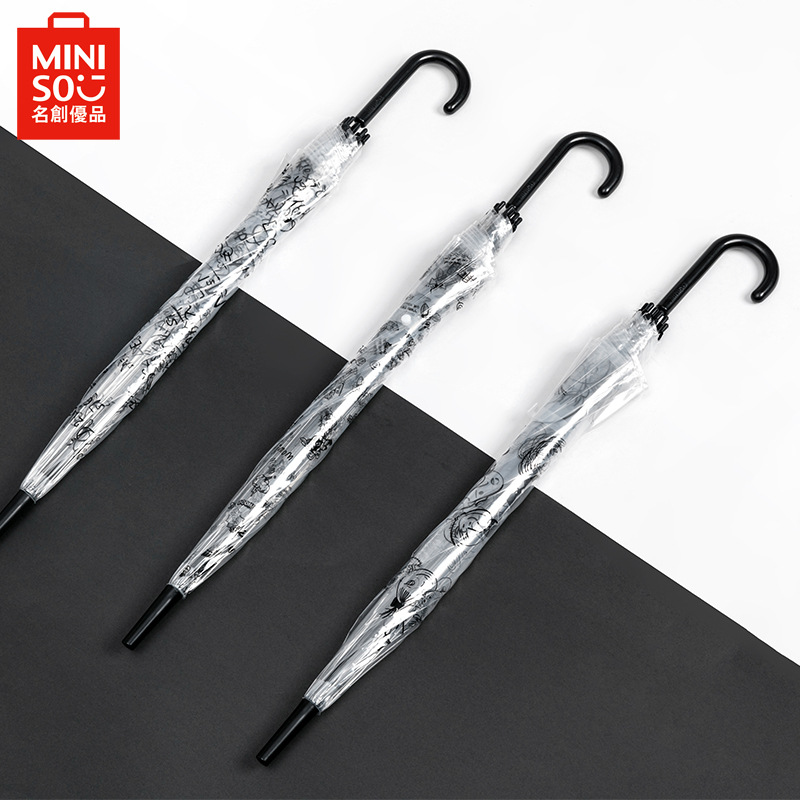 miniso名创优品poe系列涂鸦长柄伞字母人头像个性透明半自动雨伞