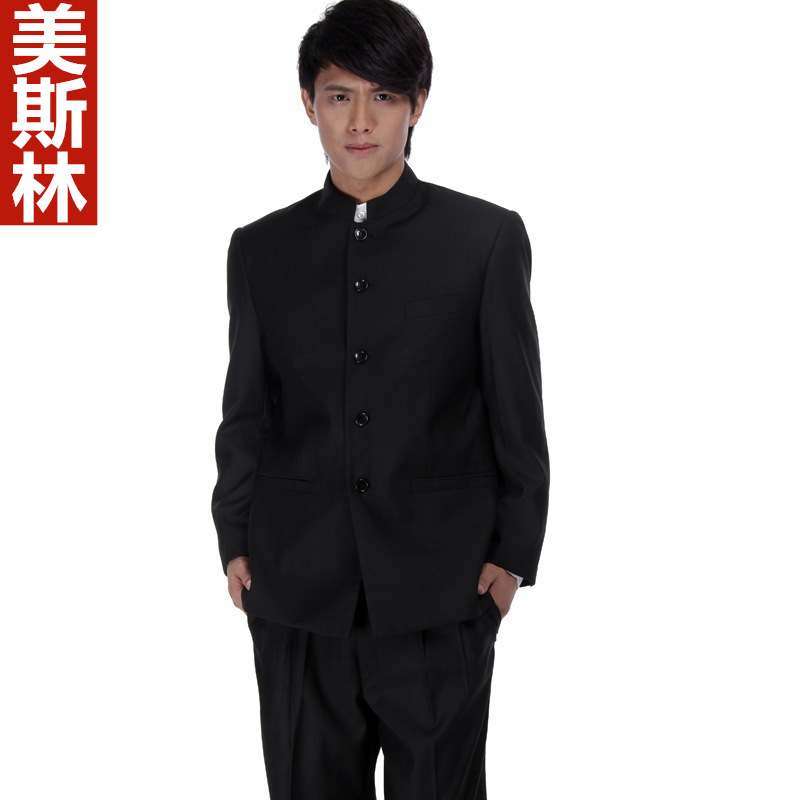 s001男式中山服 黑色中山服套装 立领西服 黑色学生服-阿里巴巴