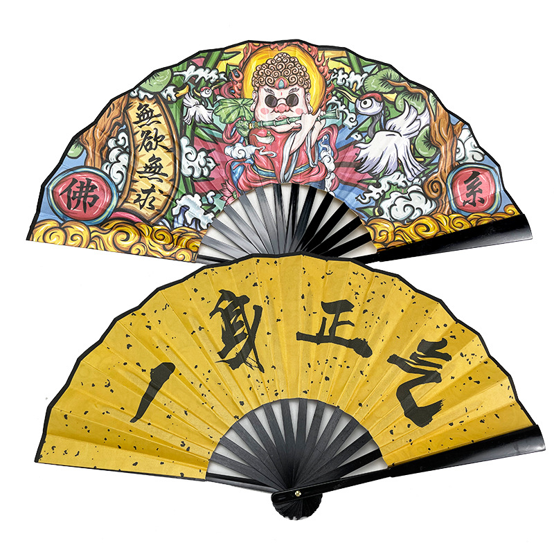 8寸国潮扇绢布双面潮语彩色印刷塑杆动漫扇子酒吧diy网红扇子批发