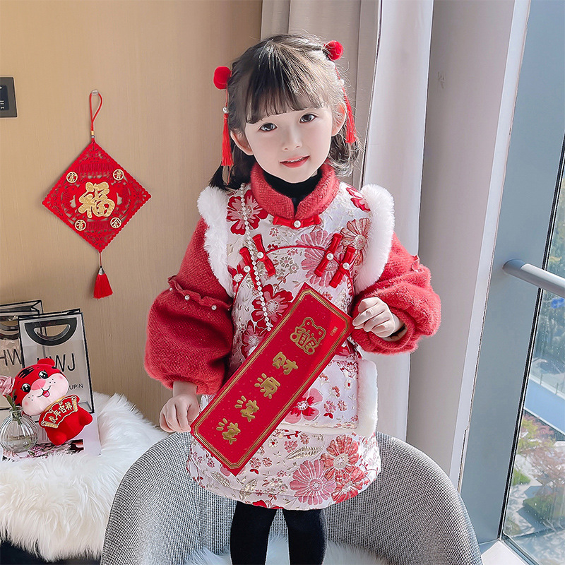 女童拜年服2021新年款女宝宝汉服冬装风过年童装儿童旗袍唐装