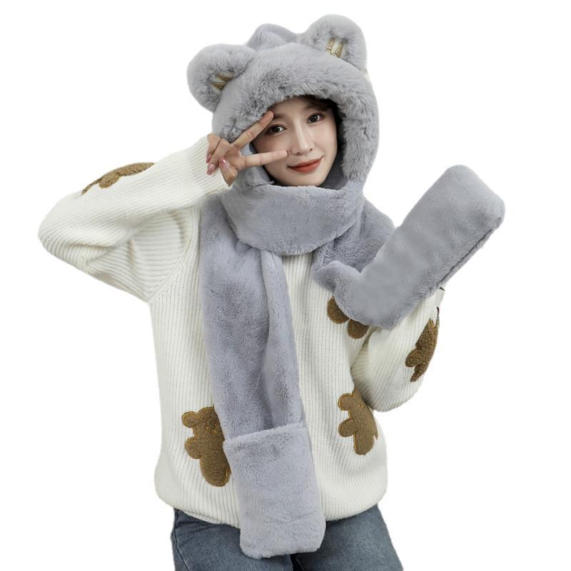 Winter Korean Style Little Bear Hat Scarf Gloves Three-Piece Set Female Imitation Rabbit Fur Thickened Warm Plush Scarf for Students