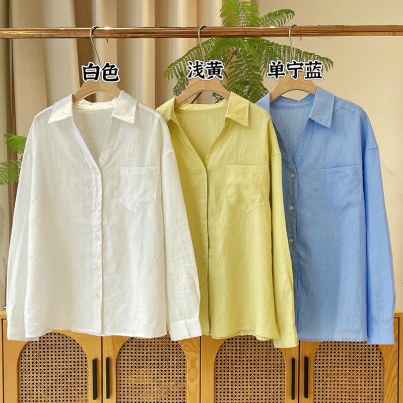 法式苎麻翻V领长袖衬衫女夏薄款宽松设计感小众衬衣外搭防晒上衣