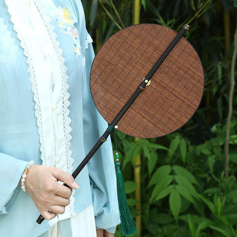 竹编扇子竹丝腰扇仿宋复原鏖尾扇青细竹丝腰扇可旋转折叠便携团扇