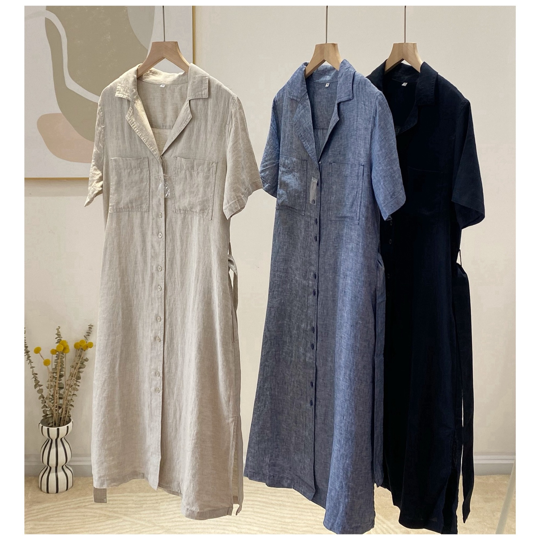 日系外单 设计感通勤西装领透气亚麻收腰带短袖连衣裙衬衫裙19270