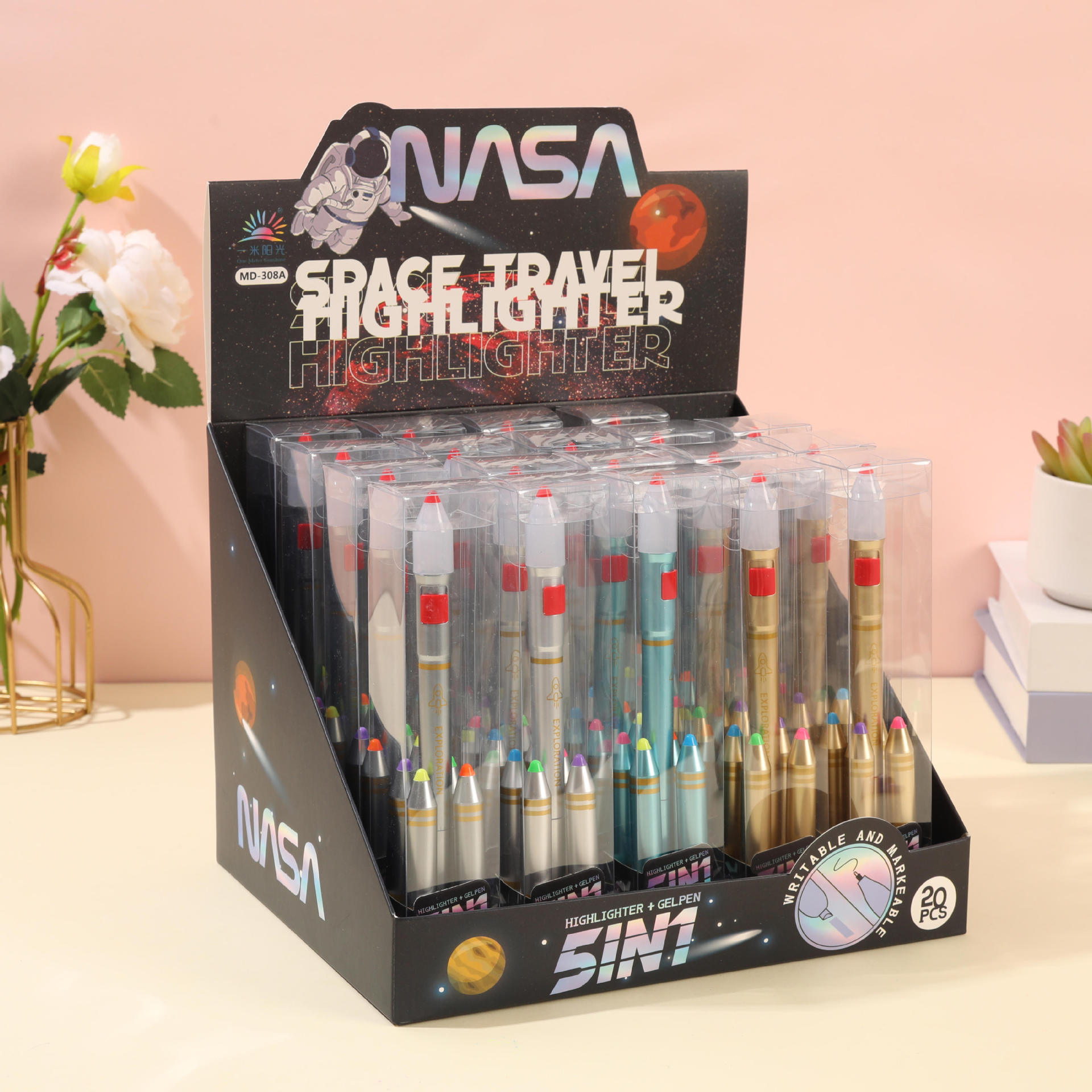 创意五合一火箭造型荧光笔中性笔套装学生绘画涂鸦多色火箭亮灯笔