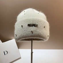 冬季水钻min标针织帽时尚韩版保暖兔毛护耳帽显脸小双折边毛线帽