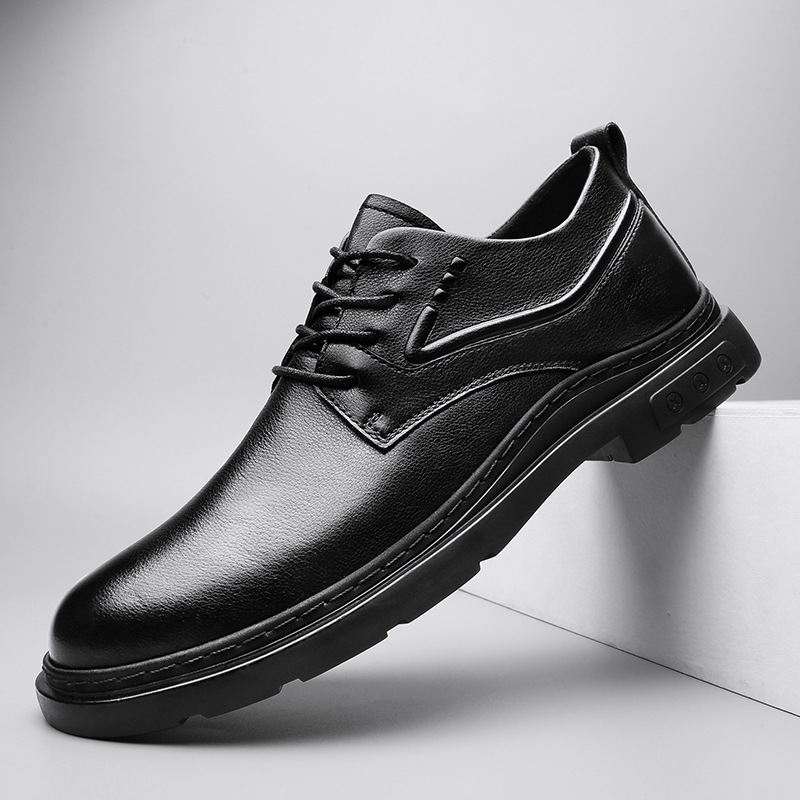 2023英伦风黑色男士商务正装皮鞋潮流ins冬季系带厚底休闲小皮鞋