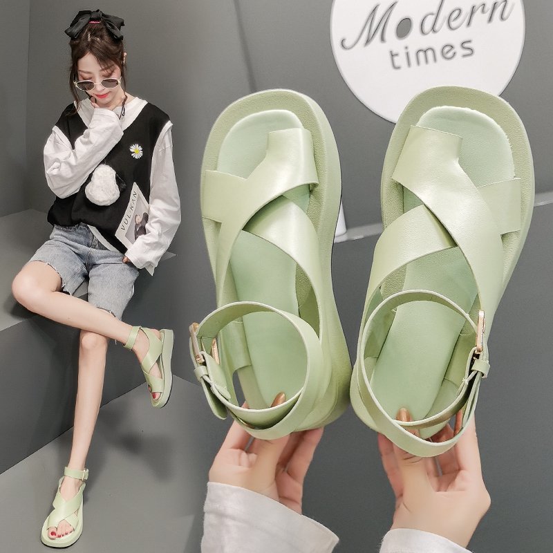 Foreign Trade Internet Hot Sandals Women's Summer 2021 Summer New Student Comfortable Korean Style Thick Bottom Fairy Style Cross Roman Shoes Women