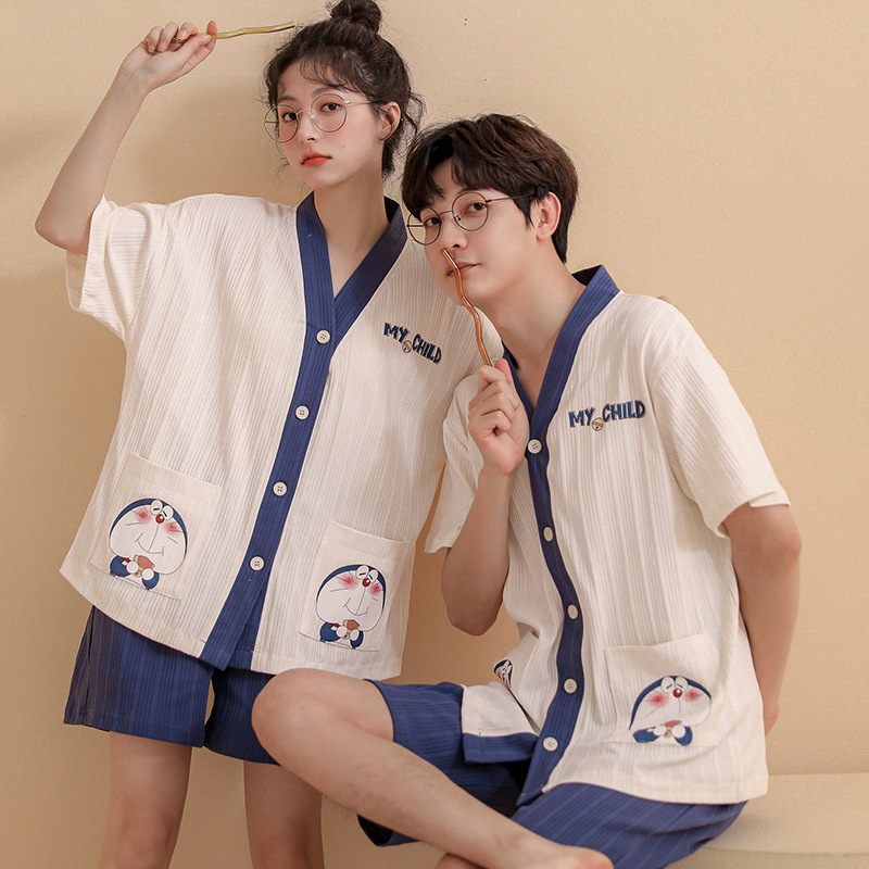 2023 New Short-Sleeved Couple Pajamas Women's Summer Cotton Homewear Cute Cartoon Cardigan Men's plus Size Suit