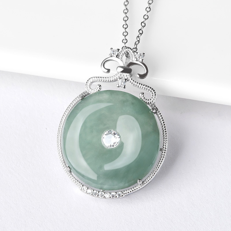 s925银镶嵌天然a货翡翠油青平安扣吊坠冰种玉石挂件女士项链时尚
