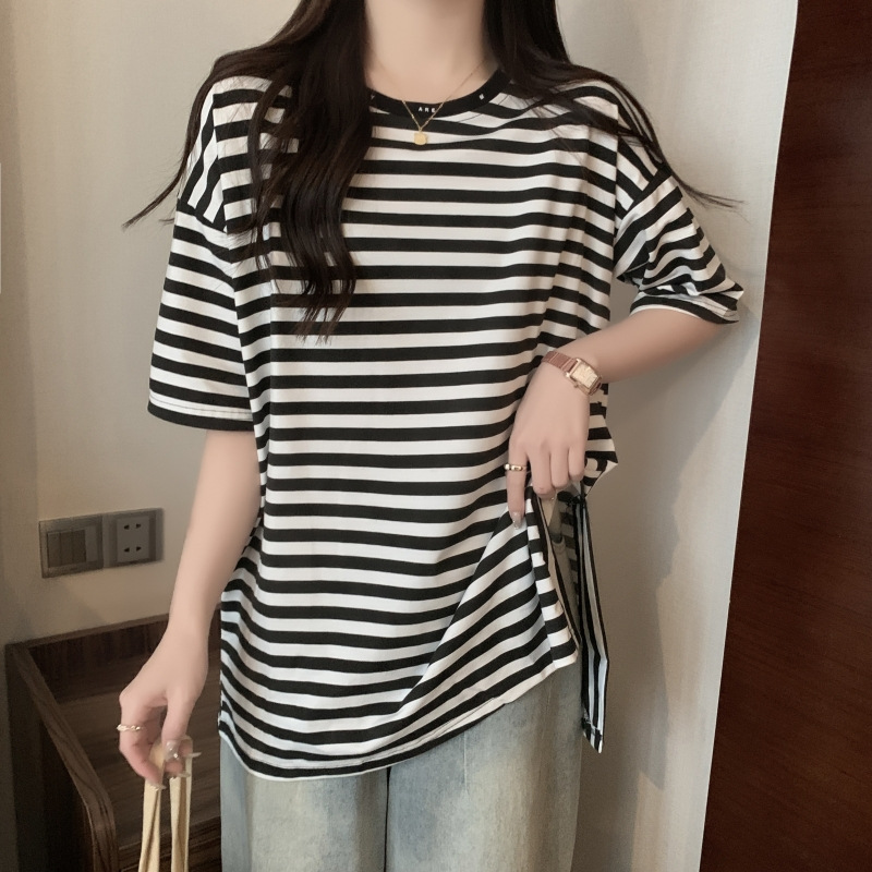 Summer Hong Kong Style Vintage Stripe Loose Split Short-Sleeved T-shirt Women's Korean Style Slim Fit All-Matching Mid-Length Casual Student