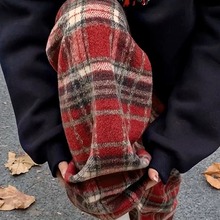 红色加绒格子裤女秋冬季棉裤高腰垂感休闲窄版拖地毛呢直筒阔腿裤