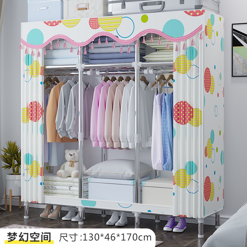 Wardrobe Simple Cloth Wardrobe Thickened Steel Pipe Reinforced Double Wardrobe Assembly Fabric Full Steel Frame Hanger Clothes Cabinet Storage