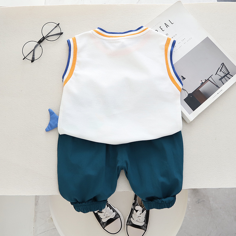 Foreign Trade Children's Wear 2023 Summer New Boys and Girls Shark Cropped Pants Vest Suit Sleeveless Two-Piece Suit Wholesale Fashion