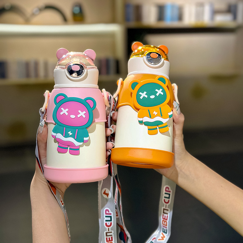 Punk Bear Straw Thermal Insulation Cup Trending Cartoon Cute Good-looking Straw Student Large Capacity with Back Water Cup