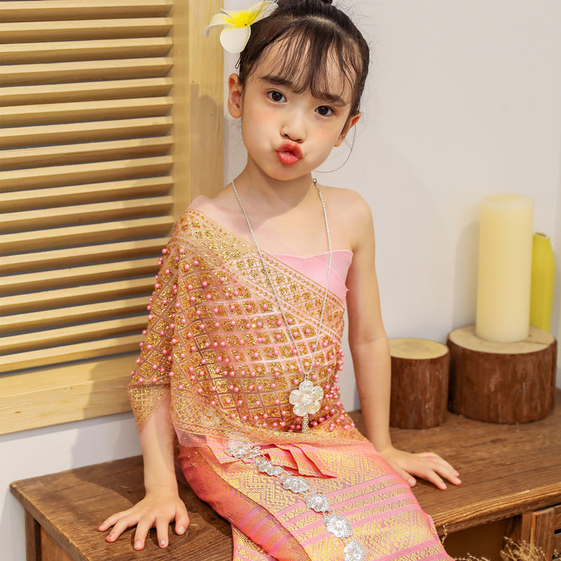 云南西双版纳傣族儿童服装泰国泼水节服装傣族女童表演服装送头花