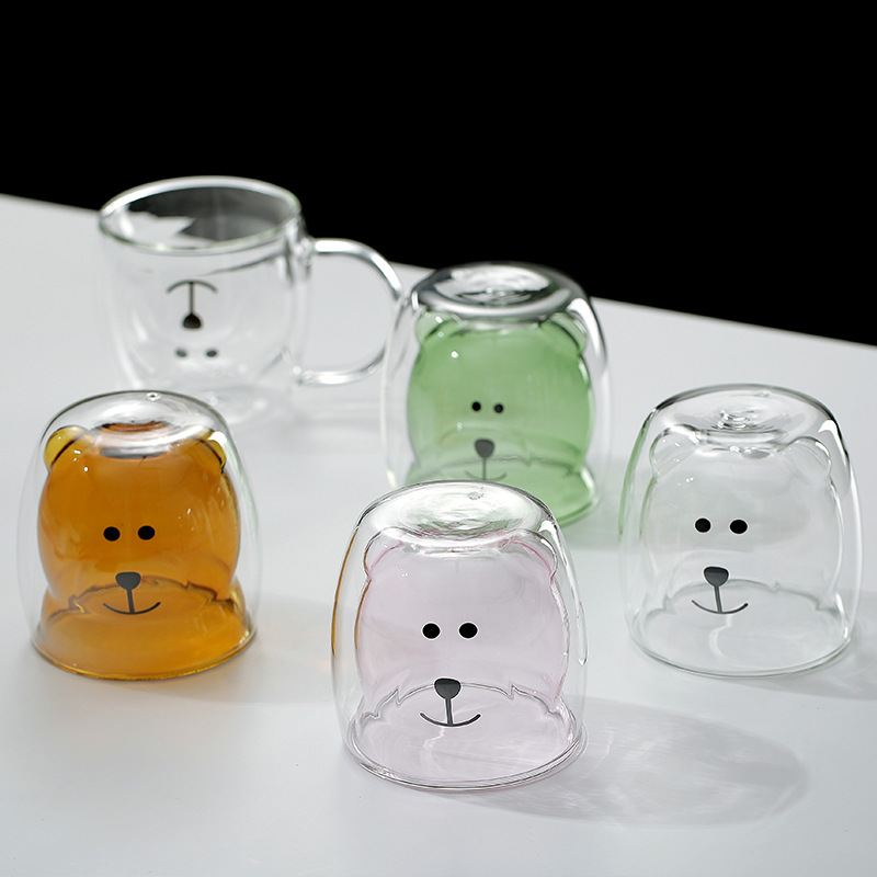 Borosilicate Color Glass Milk Cup Cute Bear Shape Double Glass Coffee Cup Juice Cup Drink Cup