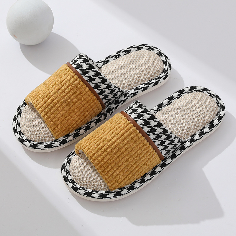 Internet Celebrity Linen Slippers Women's Indoor Chessboard Plaid Four Seasons Couple Thick Bottom Non-Slip Office Diablement Fort Slippers Men