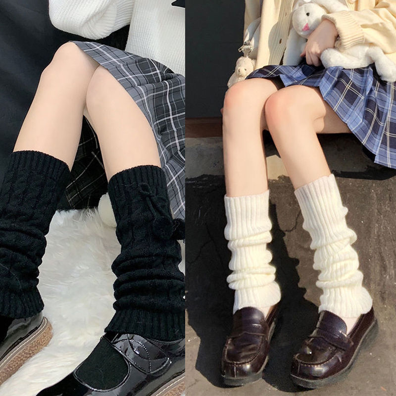 jk堆堆袜子女秋冬保暖小腿套软妹日系纽扣子针织白色毛线辣妹袜套