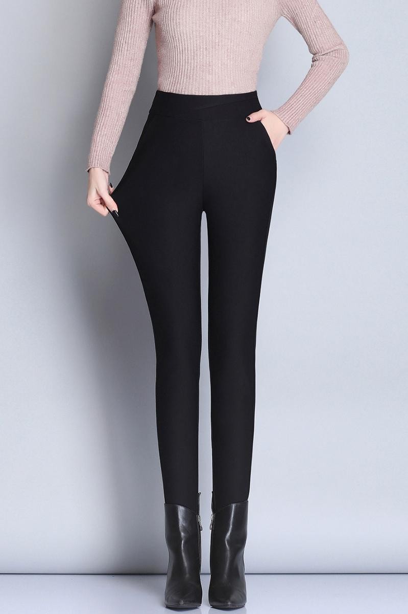 秋冬款黑色白鹅绒棉高腰韩版长裤气质通勤棉裤加厚紧身型打底裤