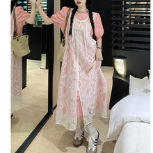 温柔风套装女夏季甜美粉色泡泡袖连衣裙叠穿蕾丝背心裙时尚两件套