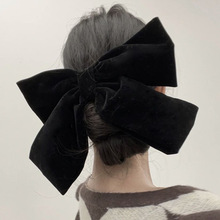 硬挺版 新款高品质超大号黑色丝绒蝴蝶结头饰发夹小众 后脑勺夹子
