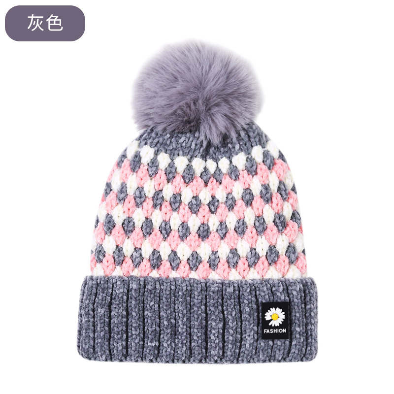 Woolen Cap Women's Korean-Style Ins Autumn and Winter Fleece-Lined Warm Fur Ball Hat Versatile Fashion Parent-Child Knitted Hat
