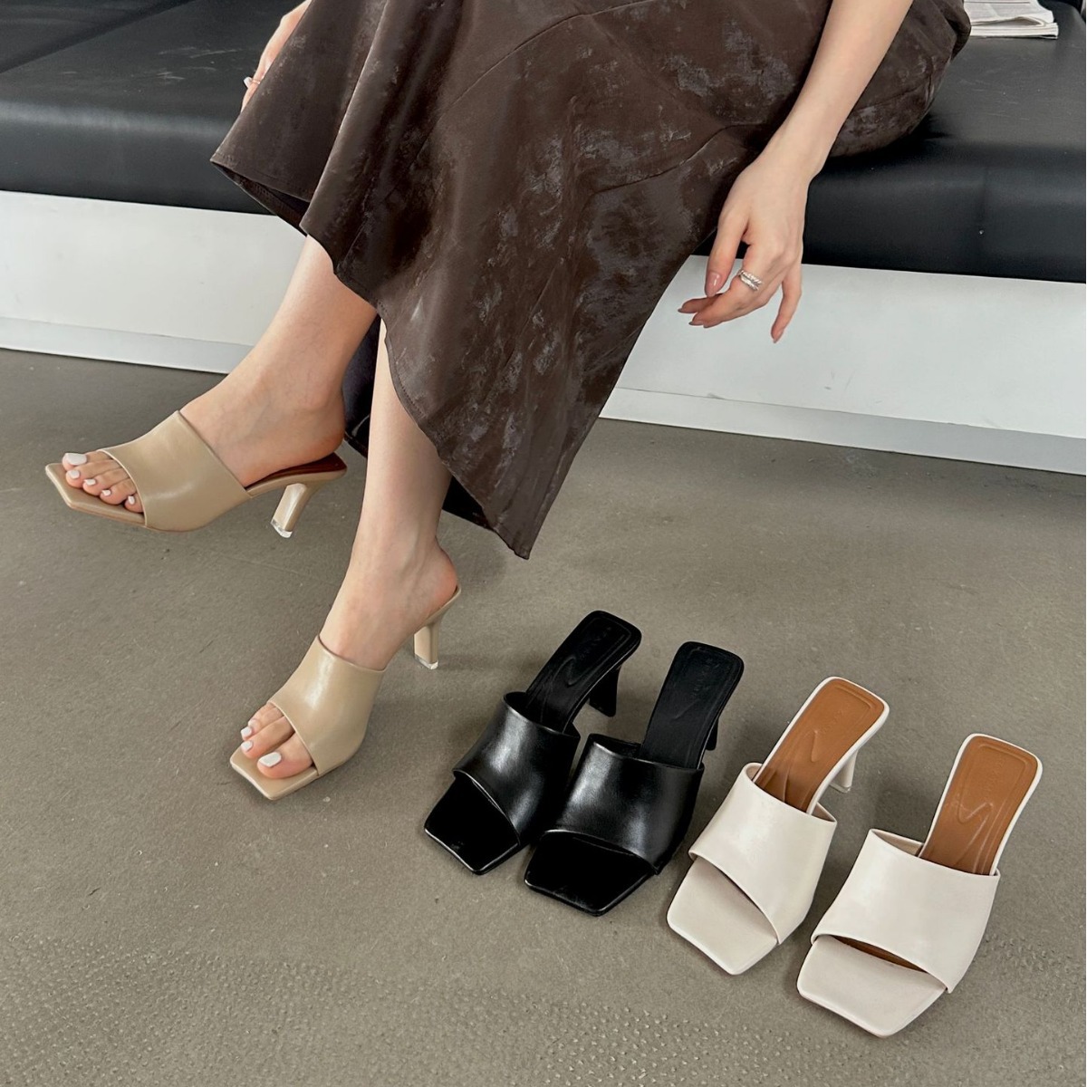 复古方头半拖露趾高跟凉鞋女2024夏季新款一字外穿细中跟百搭女鞋
