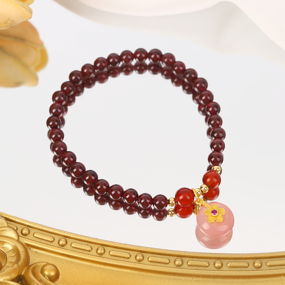ins民族风酒红手串中式桃花朵朵小众设计感石榴石创意手链女批发