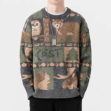 2024新款日系趣味潮牌动物图案针织圆领毛衣男秋季宽松上衣针织衫